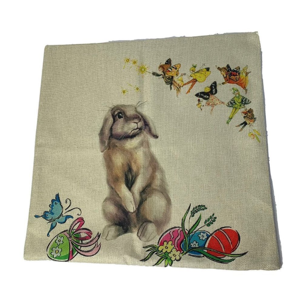 Easter Bunny Eggs Fairies Woven Pillow Cover Square Butterfly 17.5” x 18”